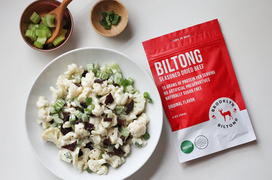 Whole 30 approved cauliflower and biltong "faux-tato” salad!